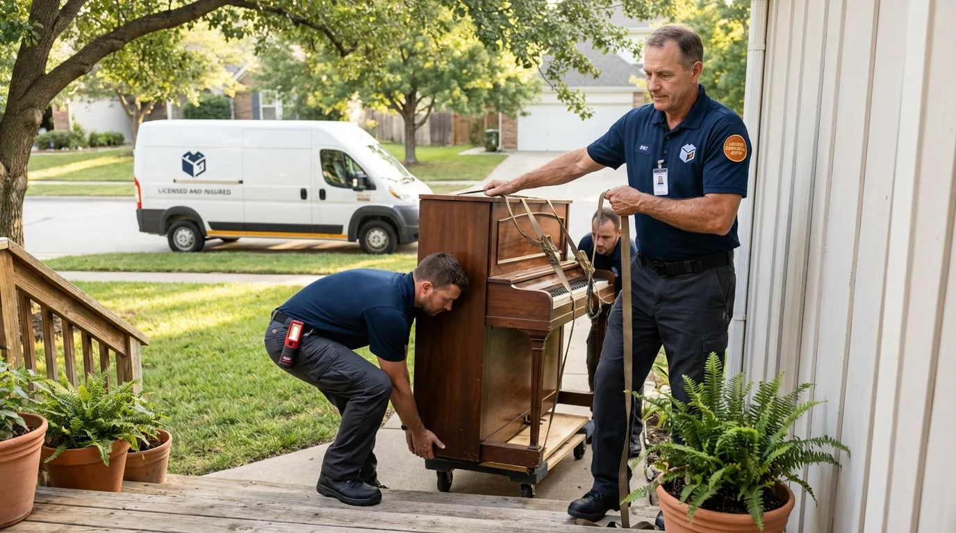 Licensed piano movers securing grand piano in Culver, IN